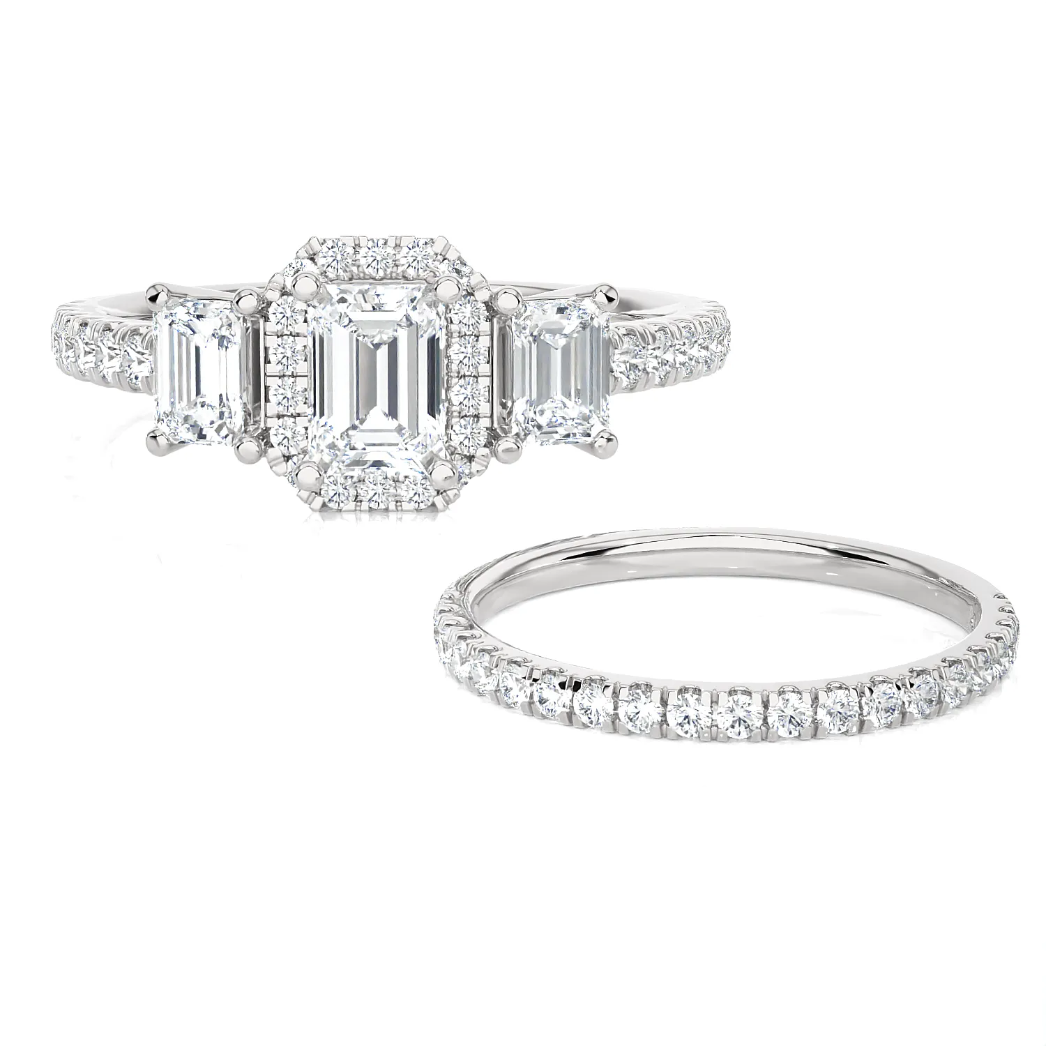 1 1/2 ctw Emerald-Cut Three Stone Lab Grown Diamond Halo Bridal Set Ring