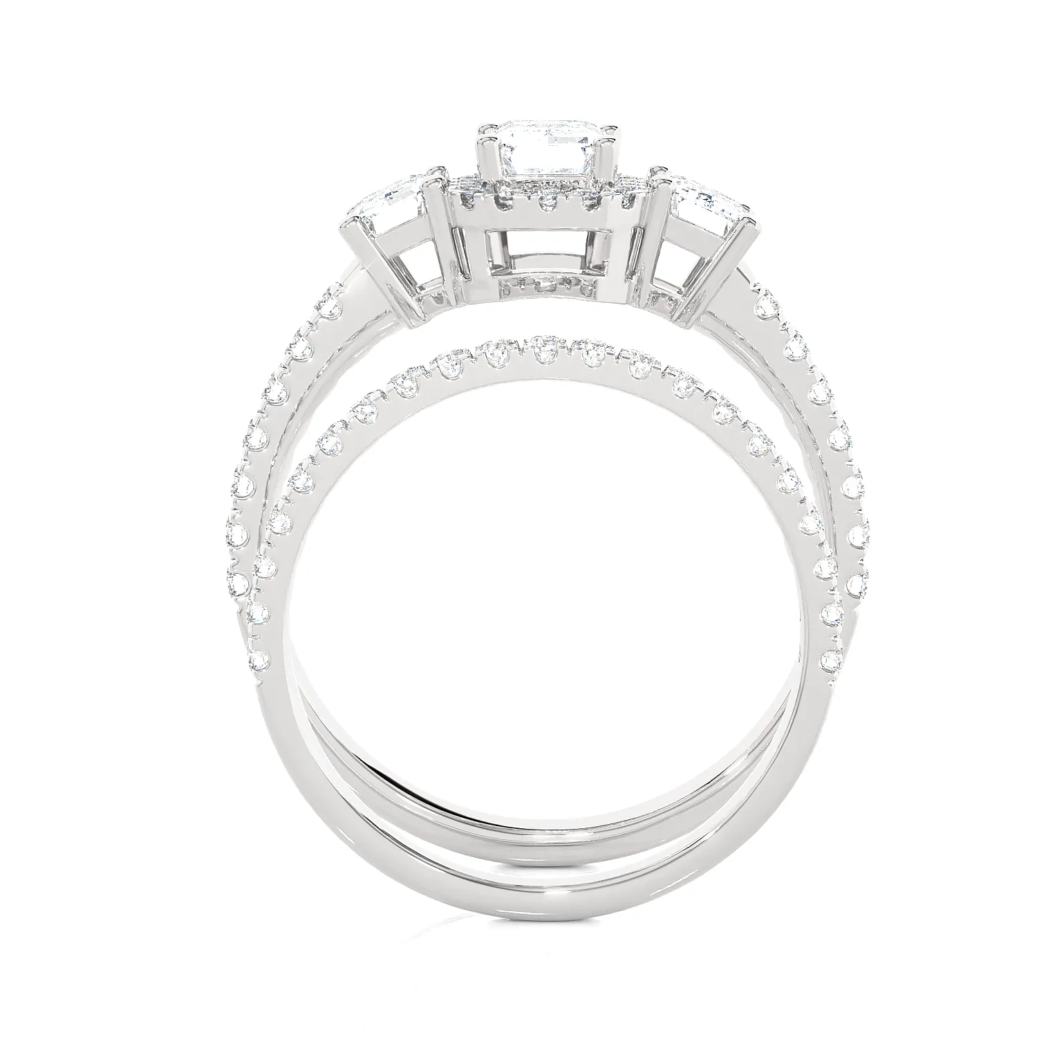 1 1/2 ctw Emerald-Cut Three Stone Lab Grown Diamond Halo Bridal Set Ring