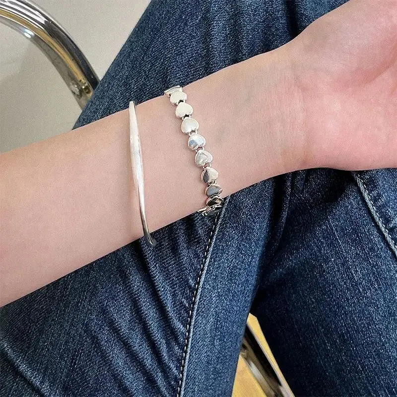 100% Solid 925 Sterling Silver Hiphop Thick Heart for Women Men Vintage Handmade Hasp Bracelet Birthday Gift S-B451
