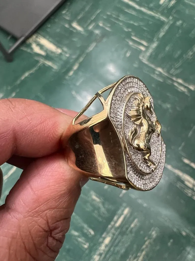 10K Yellow Gold Diamond Horse Ring for Men, Real Diamond 0.35 CT, Men's , Hip Hop Ring 10.23 Grams, Jumping Horse Diamond Ring, Size - 10