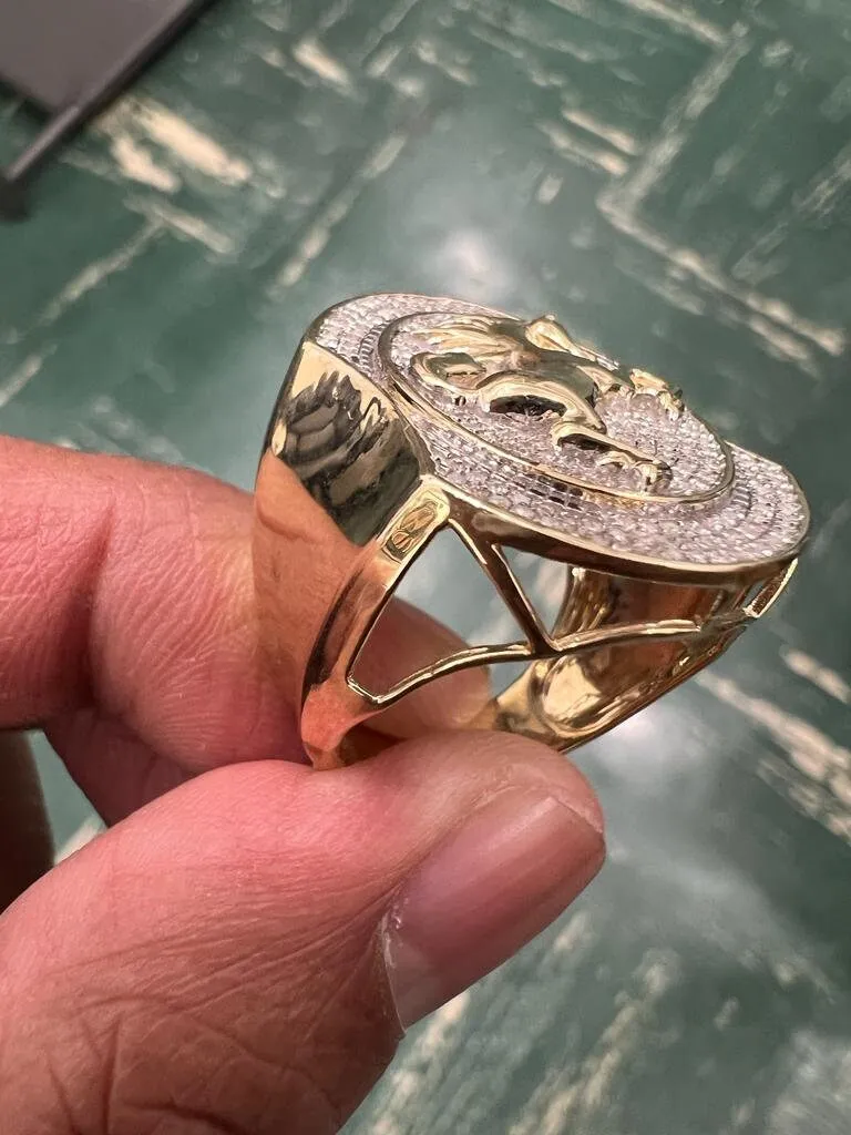 10K Yellow Gold Diamond Horse Ring for Men, Real Diamond 0.35 CT, Men's , Hip Hop Ring 10.23 Grams, Jumping Horse Diamond Ring, Size - 10