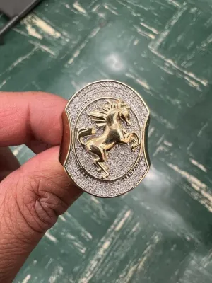 10K Yellow Gold Diamond Horse Ring for Men, Real Diamond 0.35 CT, Men's , Hip Hop Ring 10.23 Grams, Jumping Horse Diamond Ring, Size - 10