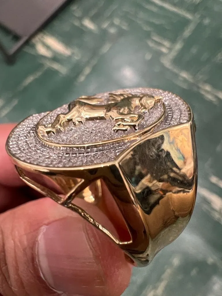 10K Yellow Gold Diamond Horse Ring for Men, Real Diamond 0.35 CT, Men's , Hip Hop Ring 10.23 Grams, Jumping Horse Diamond Ring, Size - 10