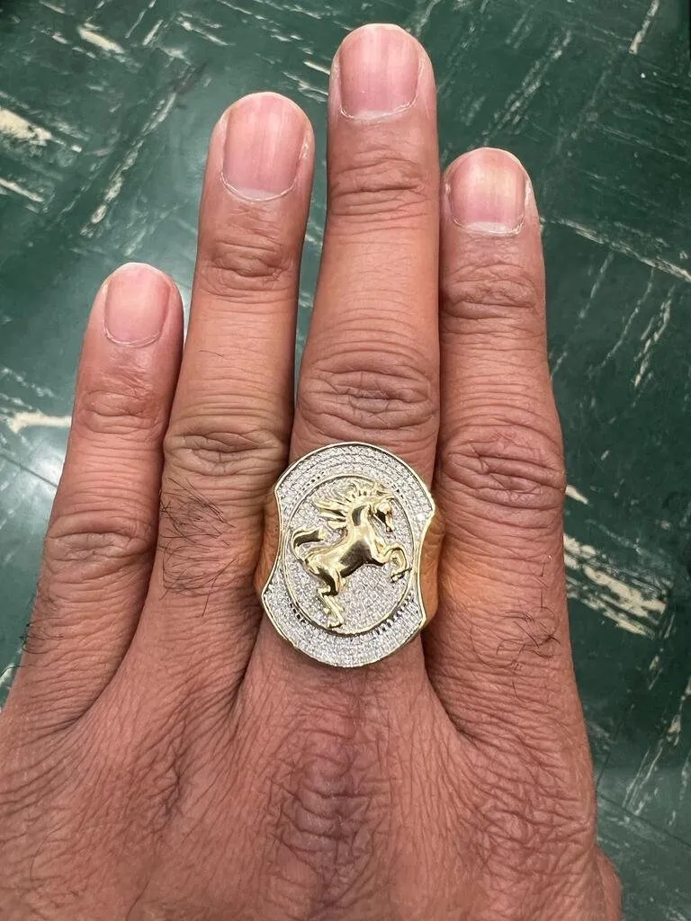 10K Yellow Gold Diamond Horse Ring for Men, Real Diamond 0.35 CT, Men's , Hip Hop Ring 10.23 Grams, Jumping Horse Diamond Ring, Size - 10