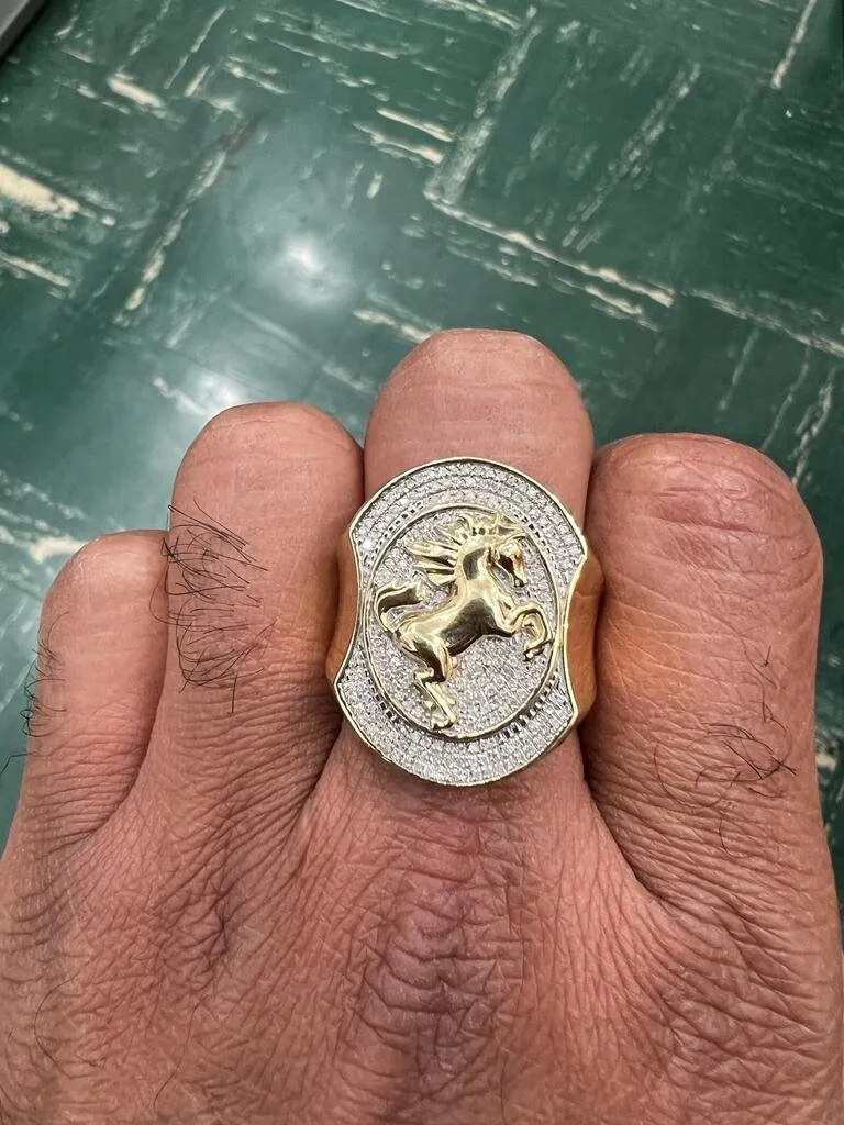 10K Yellow Gold Diamond Horse Ring for Men, Real Diamond 0.35 CT, Men's , Hip Hop Ring 10.23 Grams, Jumping Horse Diamond Ring, Size - 10