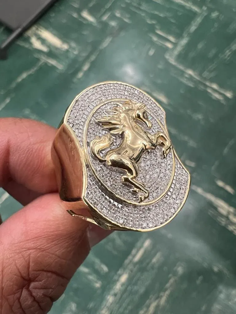 10K Yellow Gold Diamond Horse Ring for Men, Real Diamond 0.35 CT, Men's , Hip Hop Ring 10.23 Grams, Jumping Horse Diamond Ring, Size - 10