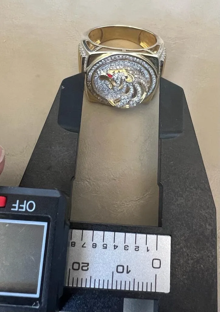 10k Yellow Gold Diamond Panther Mens Ring, Religious Faith Inspiration Diamond Ring Animal Tiger Leopard Jaguar 0.69 ct 13.1 Grams Size 10