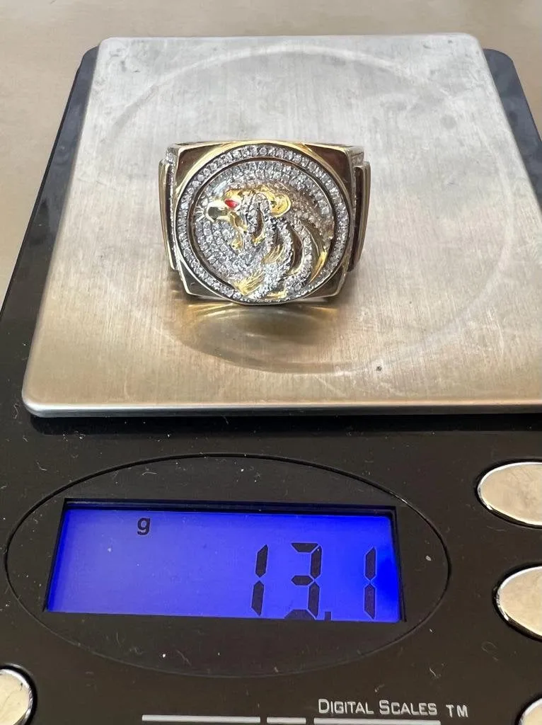 10k Yellow Gold Diamond Panther Mens Ring, Religious Faith Inspiration Diamond Ring Animal Tiger Leopard Jaguar 0.69 ct 13.1 Grams Size 10