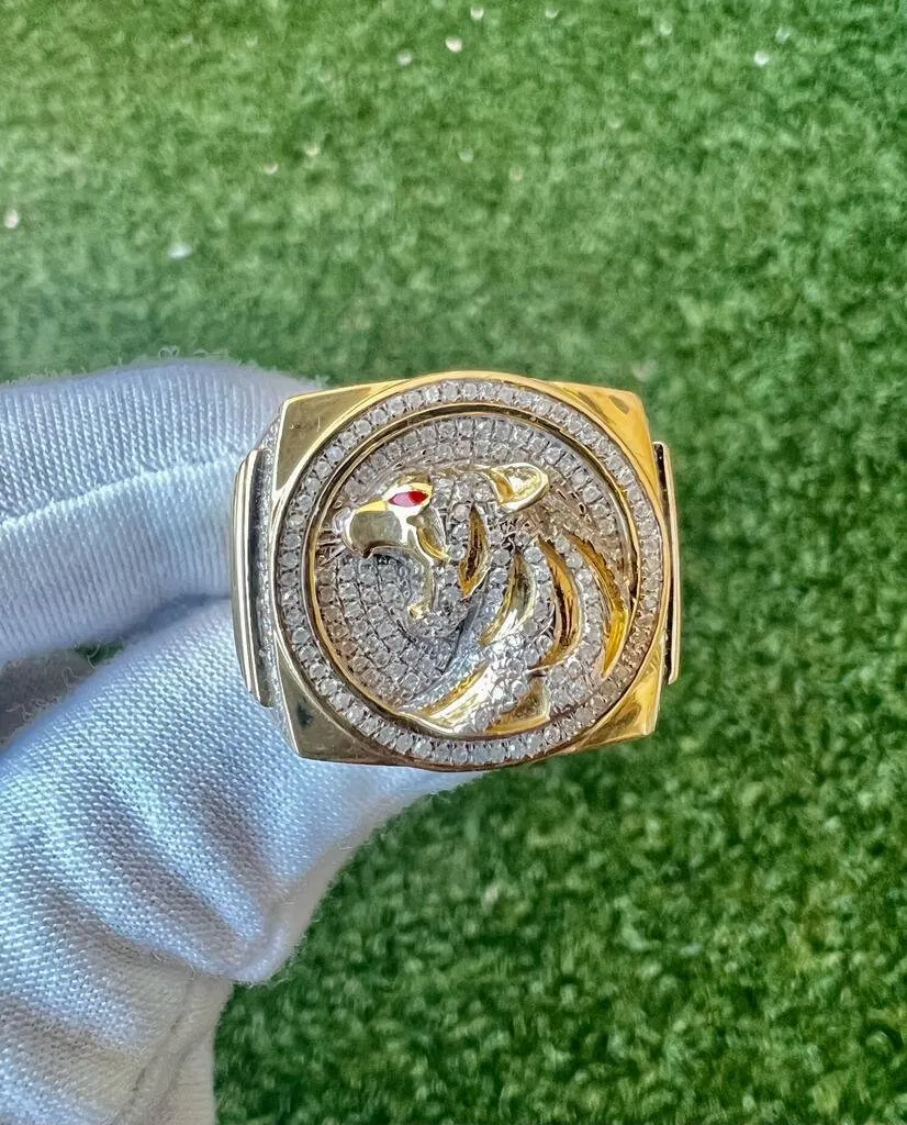 10k Yellow Gold Diamond Panther Mens Ring, Religious Faith Inspiration Diamond Ring Animal Tiger Leopard Jaguar 0.69 ct 13.1 Grams Size 10