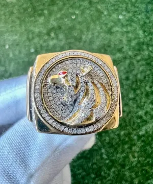 10k Yellow Gold Diamond Panther Mens Ring, Religious Faith Inspiration Diamond Ring Animal Tiger Leopard Jaguar 0.69 ct 13.1 Grams Size 10