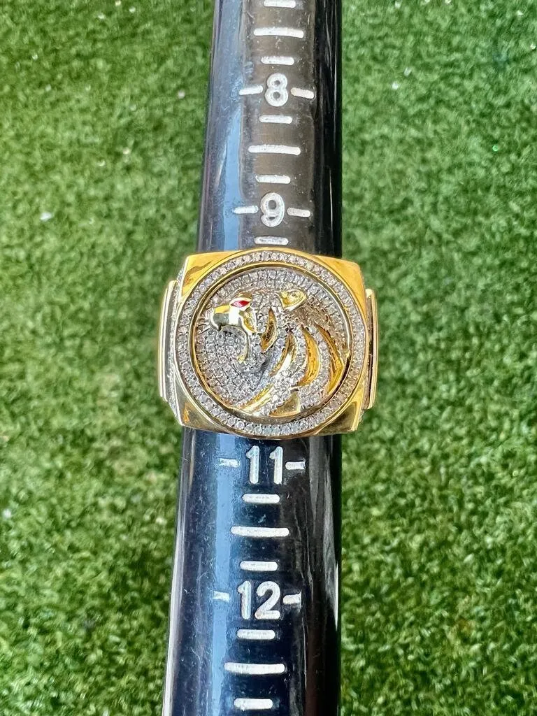 10k Yellow Gold Diamond Panther Mens Ring, Religious Faith Inspiration Diamond Ring Animal Tiger Leopard Jaguar 0.69 ct 13.1 Grams Size 10