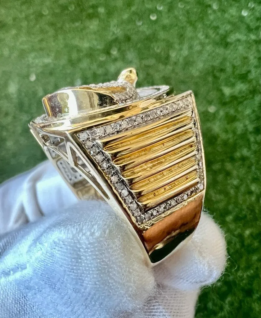10k Yellow Gold Diamond Panther Mens Ring, Religious Faith Inspiration Diamond Ring Animal Tiger Leopard Jaguar 0.69 ct 13.1 Grams Size 10