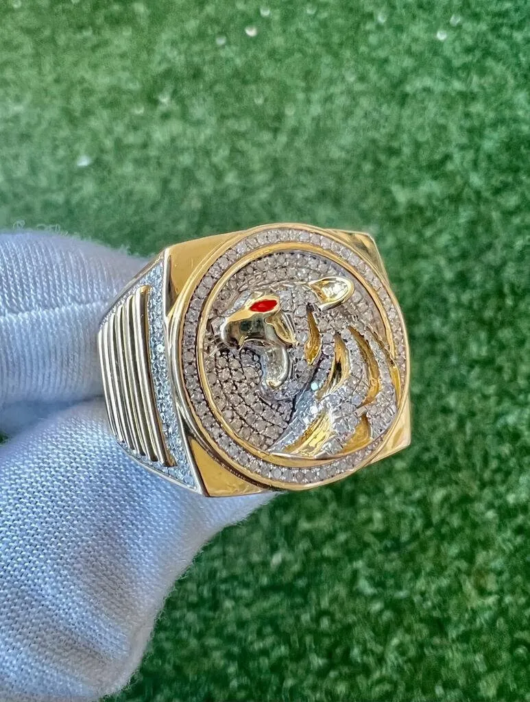 10k Yellow Gold Diamond Panther Mens Ring, Religious Faith Inspiration Diamond Ring Animal Tiger Leopard Jaguar 0.69 ct 13.1 Grams Size 10