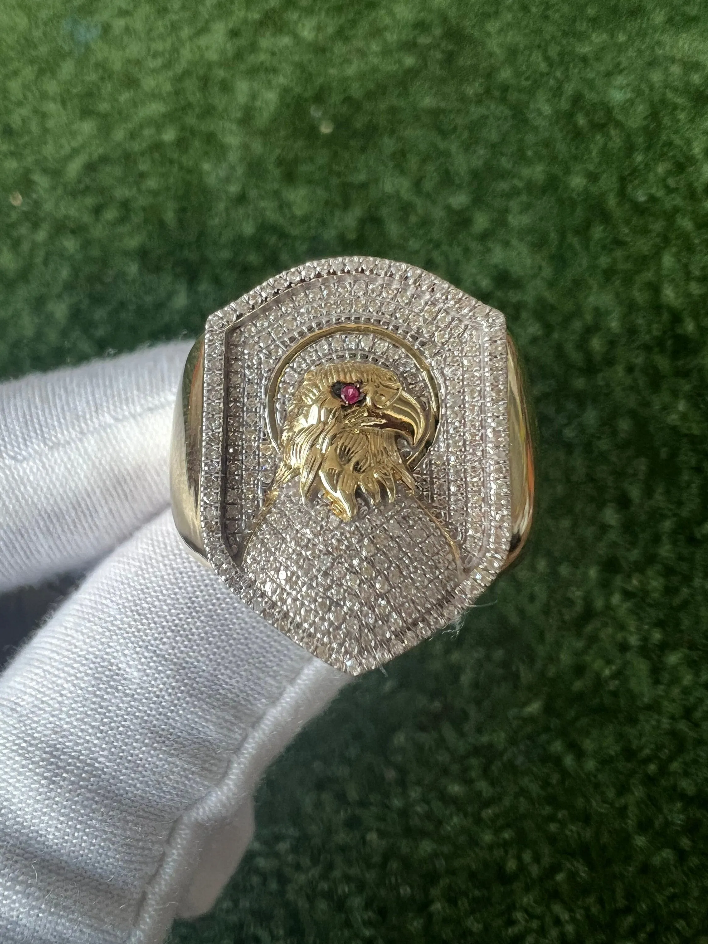 10K Yellow Gold Eagle Finger Ring for Men, Diamond Mens Ring, Eagle Signet Ring, Animal Real Diamond Ring, Eagle Head Finger Ring, 8.3 Gram
