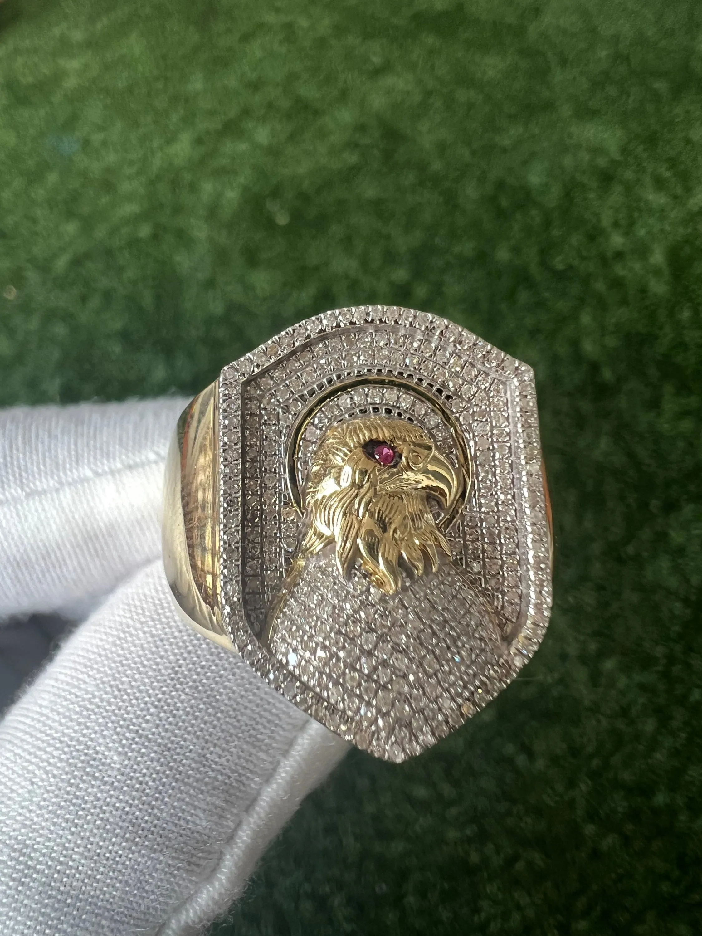10K Yellow Gold Eagle Finger Ring for Men, Diamond Mens Ring, Eagle Signet Ring, Animal Real Diamond Ring, Eagle Head Finger Ring, 8.3 Gram