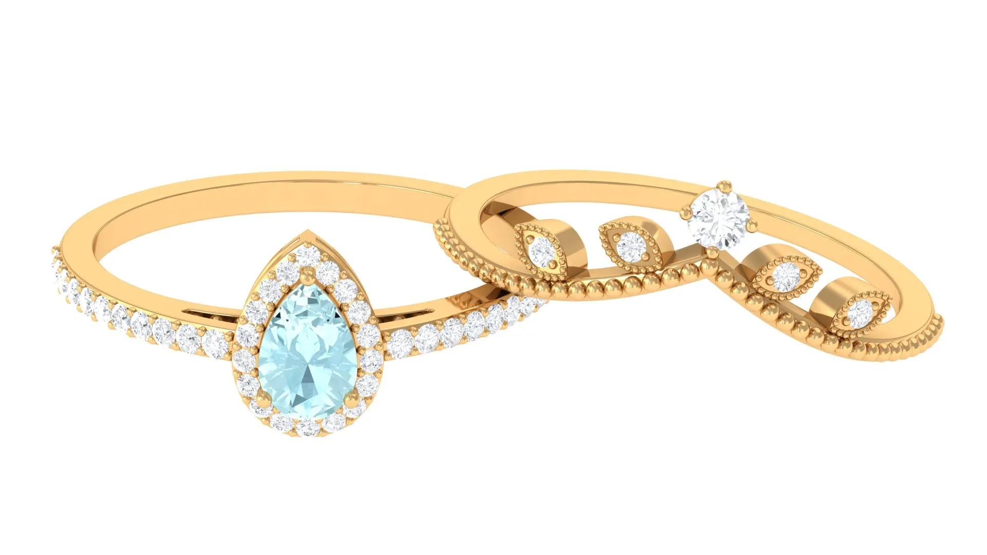 1.25 CT Vintage Inspired Sky Blue Topaz Teardrop Ring Set with Diamond
