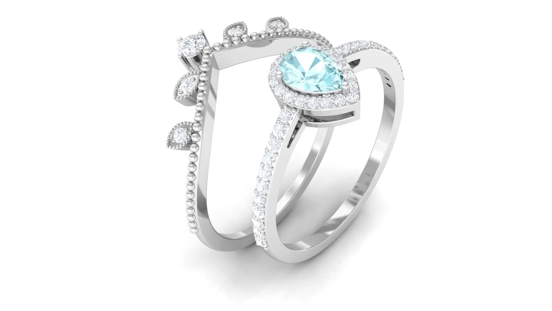 1.25 CT Vintage Inspired Sky Blue Topaz Teardrop Ring Set with Diamond