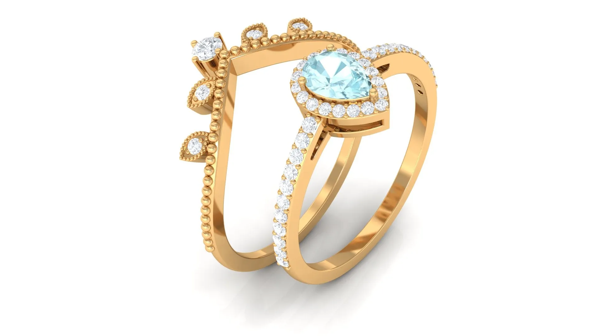1.25 CT Vintage Inspired Sky Blue Topaz Teardrop Ring Set with Diamond