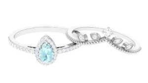 1.25 CT Vintage Inspired Sky Blue Topaz Teardrop Ring Set with Diamond