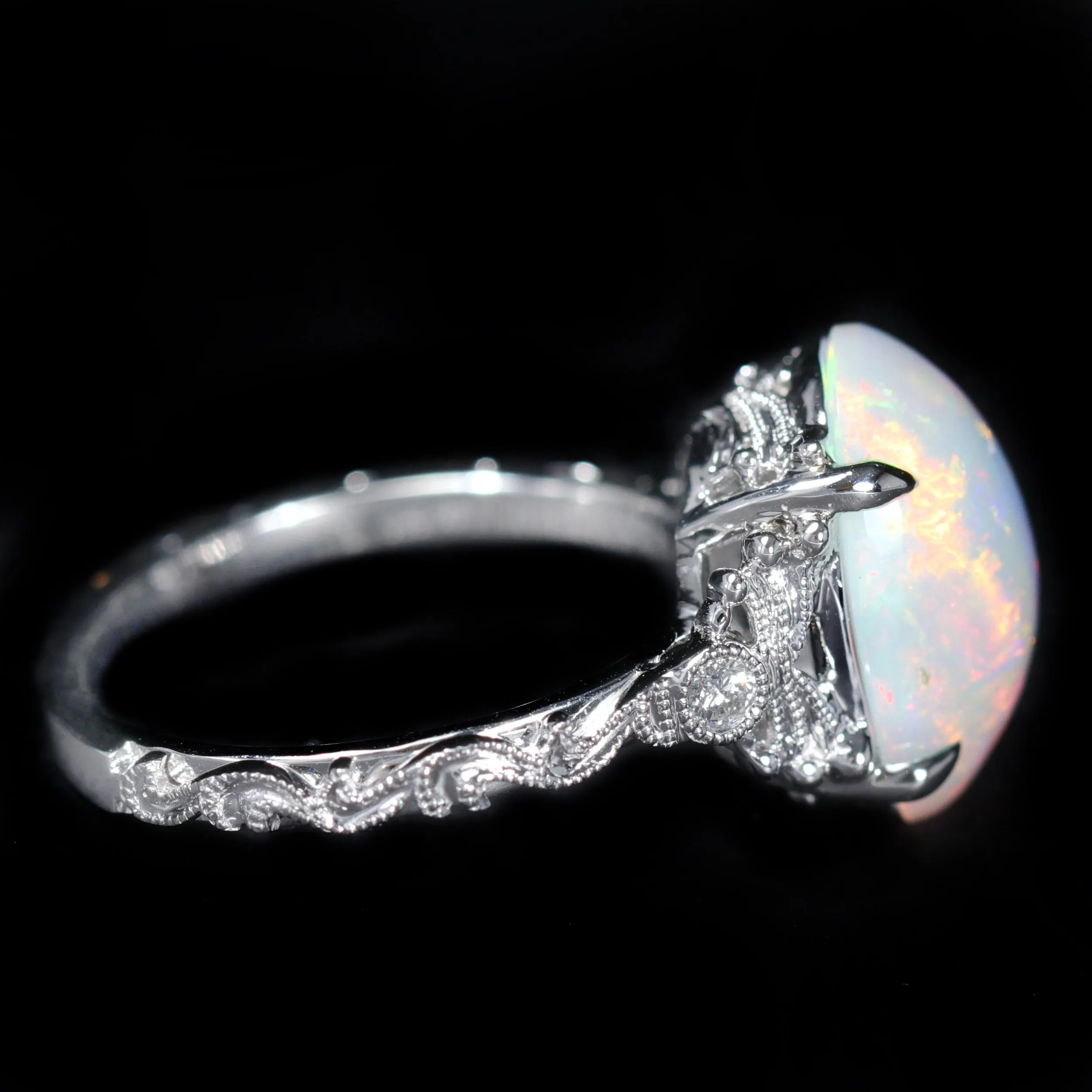 14K White Gold 2.92 Carat Opal and Diamond Ring