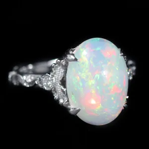14K White Gold 2.92 Carat Opal and Diamond Ring