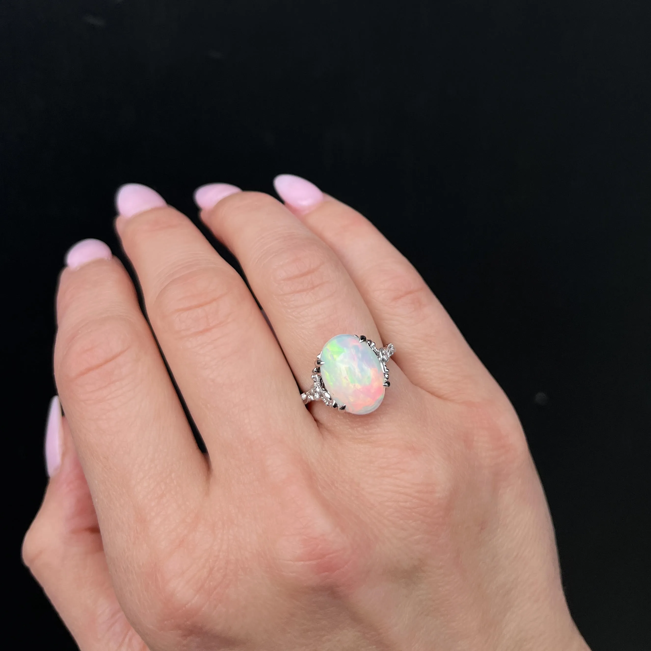 14K White Gold 2.92 Carat Opal and Diamond Ring