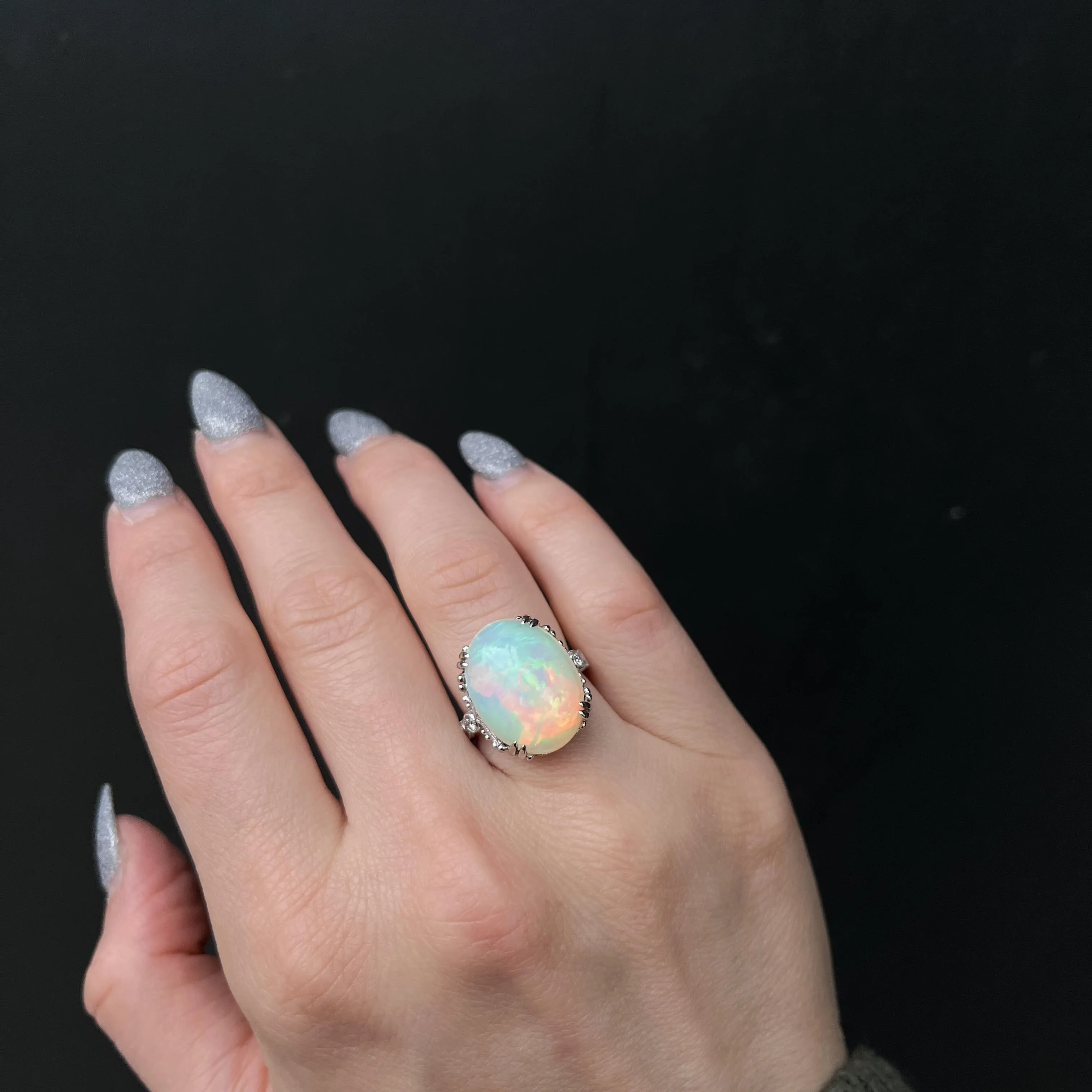14K White Gold 9.40 Carat Opal and Diamond Ring