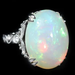 14K White Gold 9.40 Carat Opal and Diamond Ring