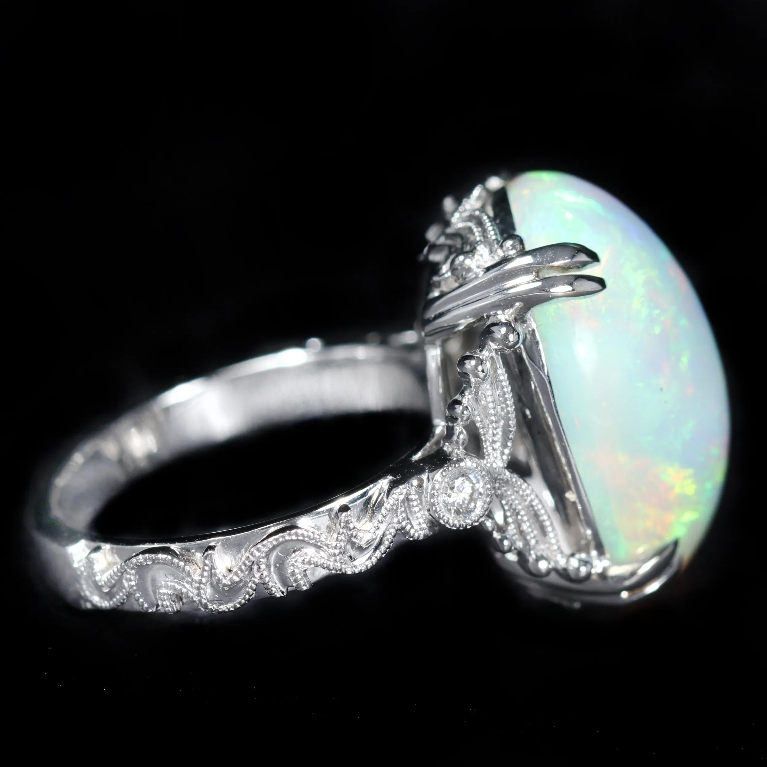 14K White Gold 9.40 Carat Opal and Diamond Ring