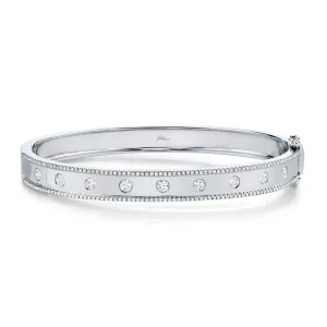14K White Gold Diamond Border Hinged Bangle (Medium)