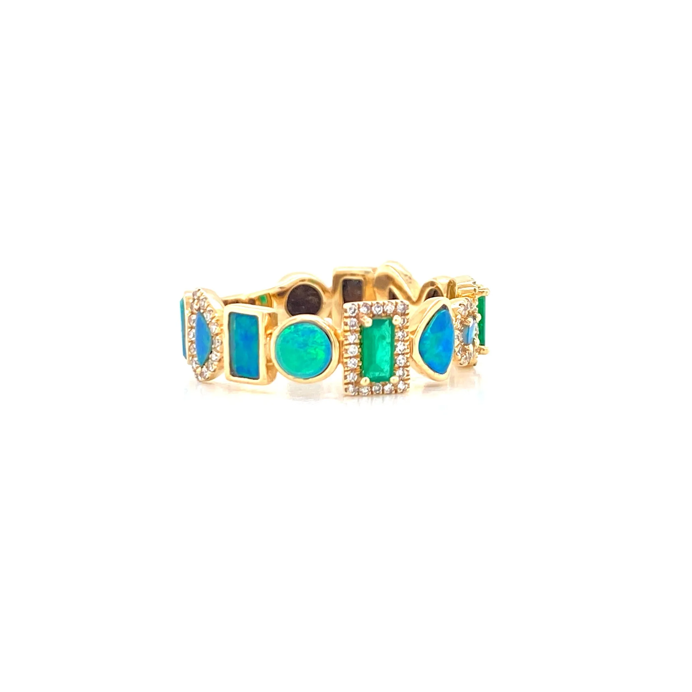 14K Yellow Gold Diamond   Emerald   Opal Multi Shape Ring