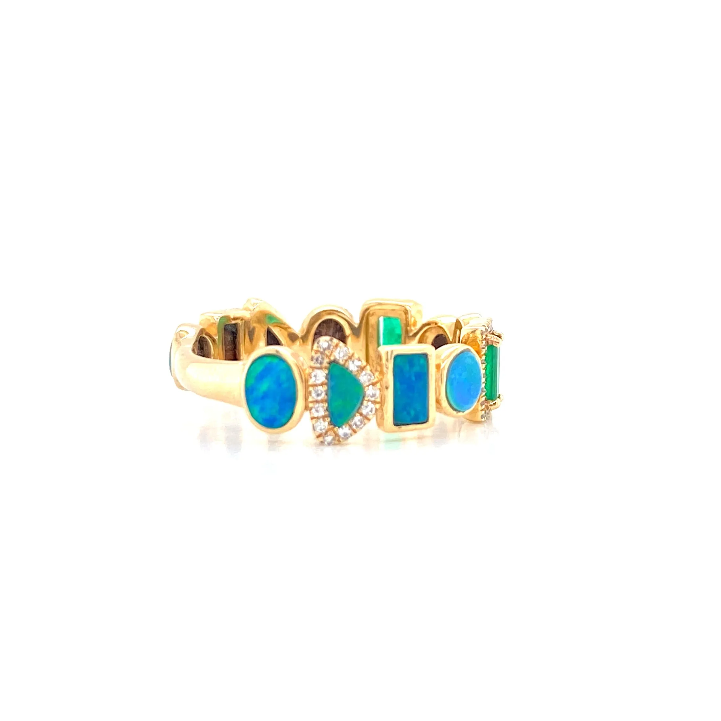 14K Yellow Gold Diamond   Emerald   Opal Multi Shape Ring