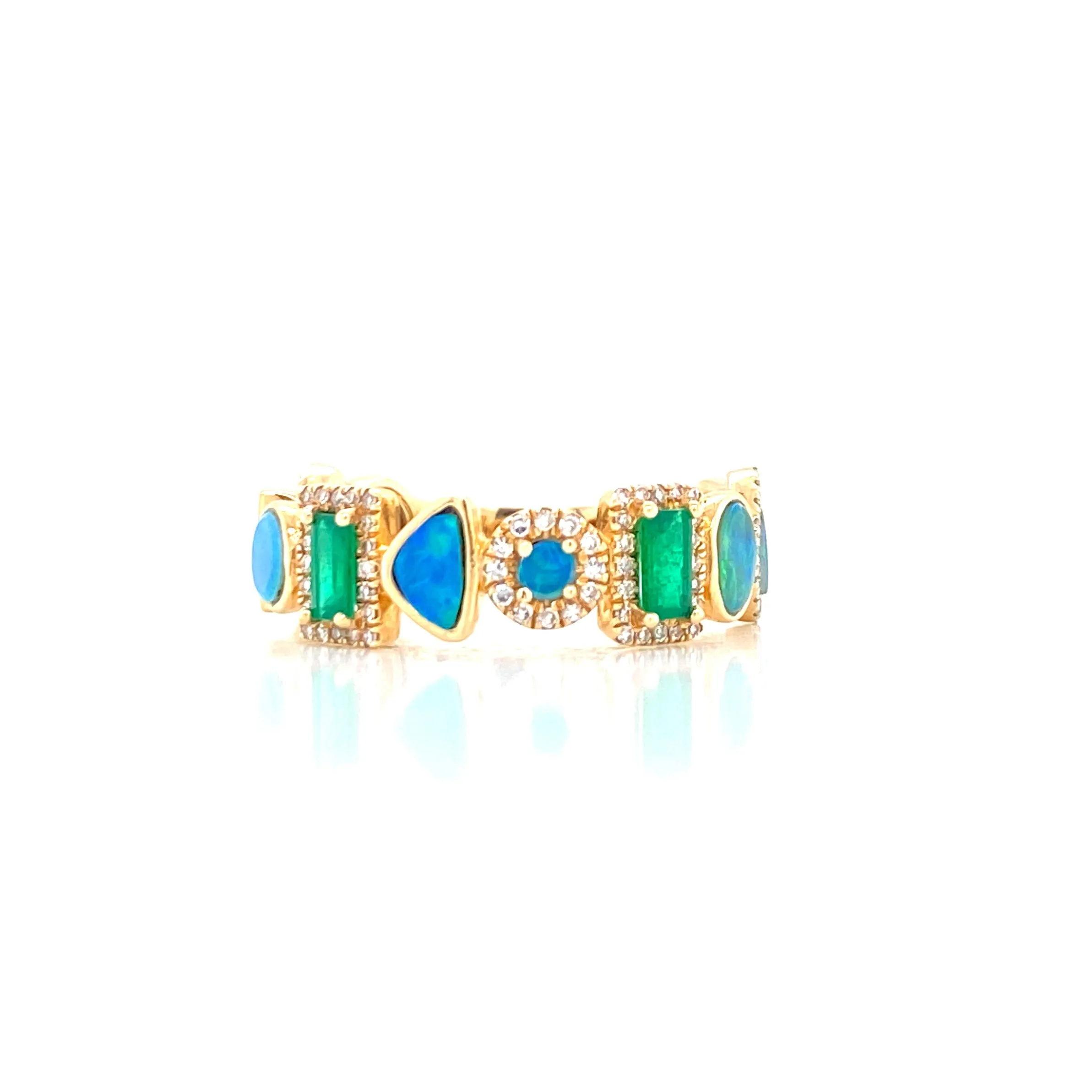 14K Yellow Gold Diamond   Emerald   Opal Multi Shape Ring