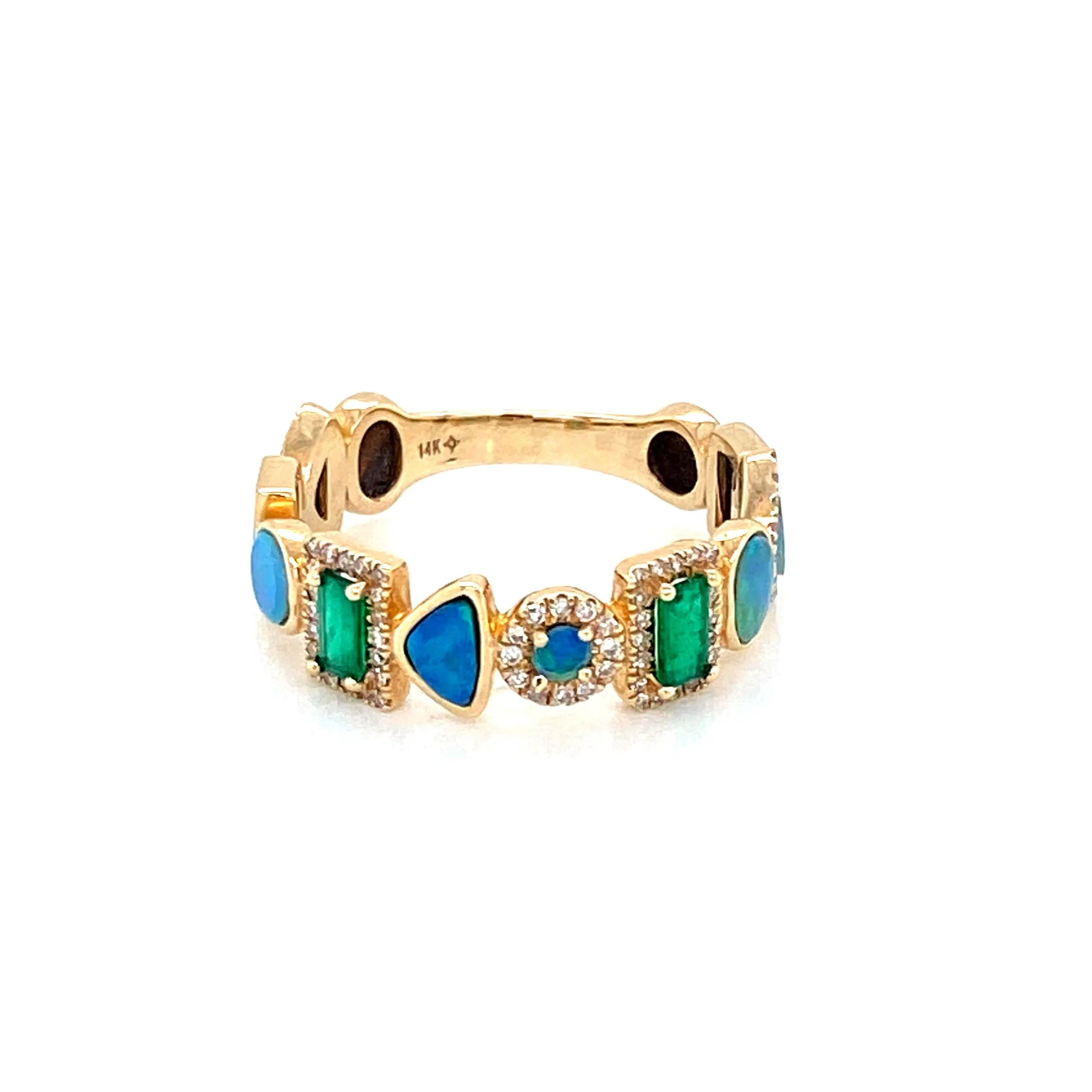 14K Yellow Gold Diamond   Emerald   Opal Multi Shape Ring