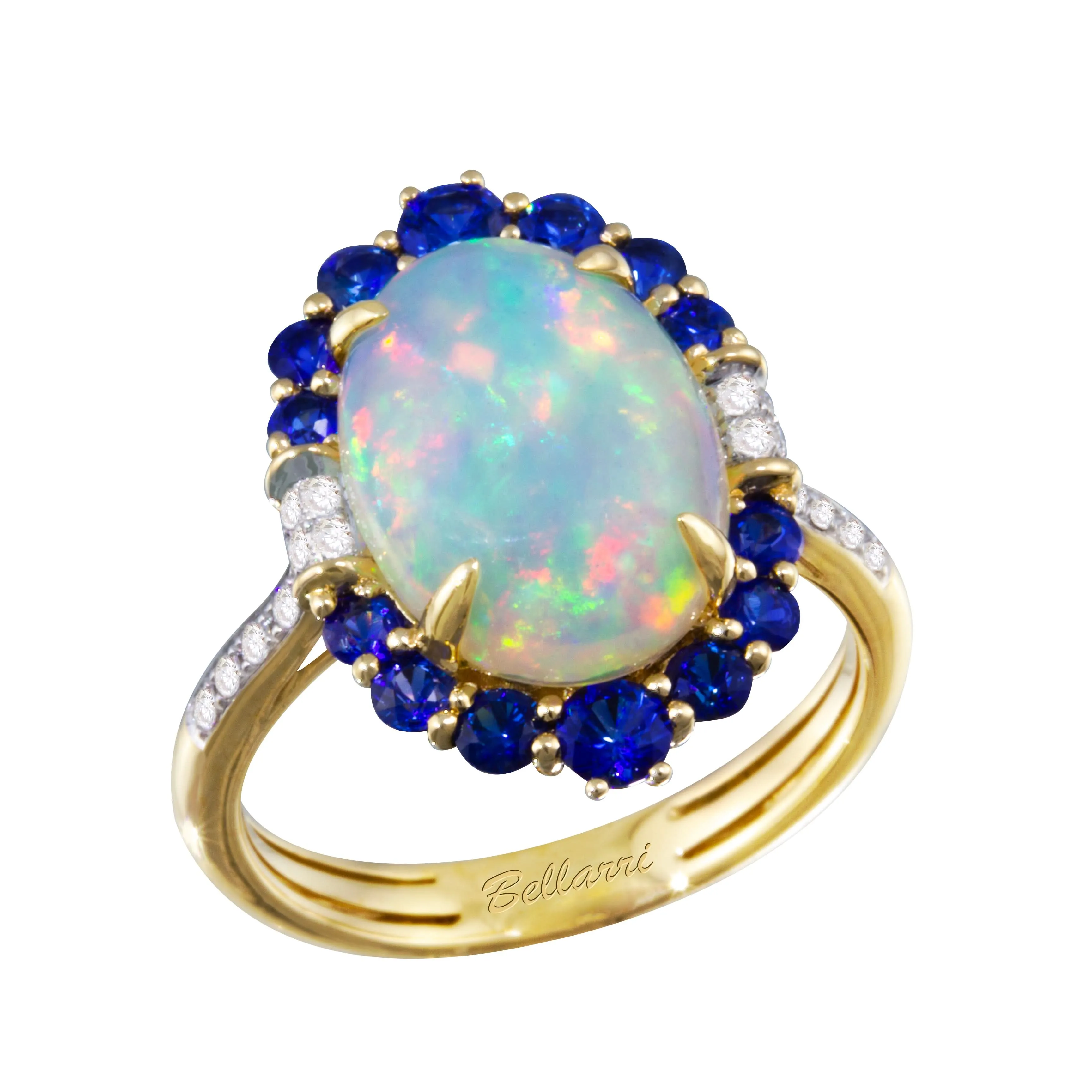14K Yellow Opal, Blue Sapphire and Natural Diamond Ring Size 7