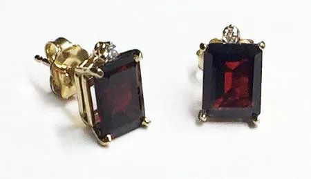 14Kt Gold Emerald Cut Garnet & Diamond Post Earrings