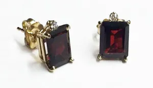 14Kt Gold Emerald Cut Garnet & Diamond Post Earrings