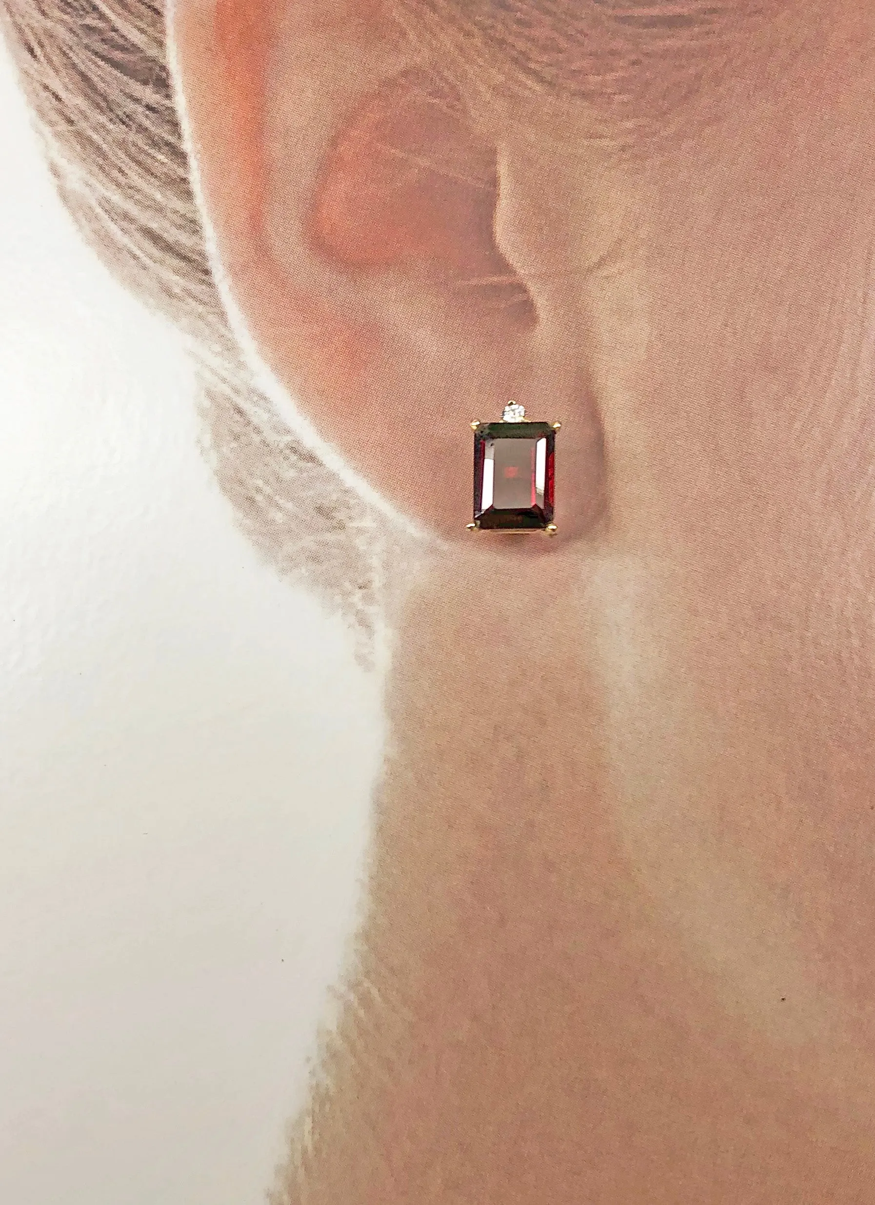 14Kt Gold Emerald Cut Garnet & Diamond Post Earrings