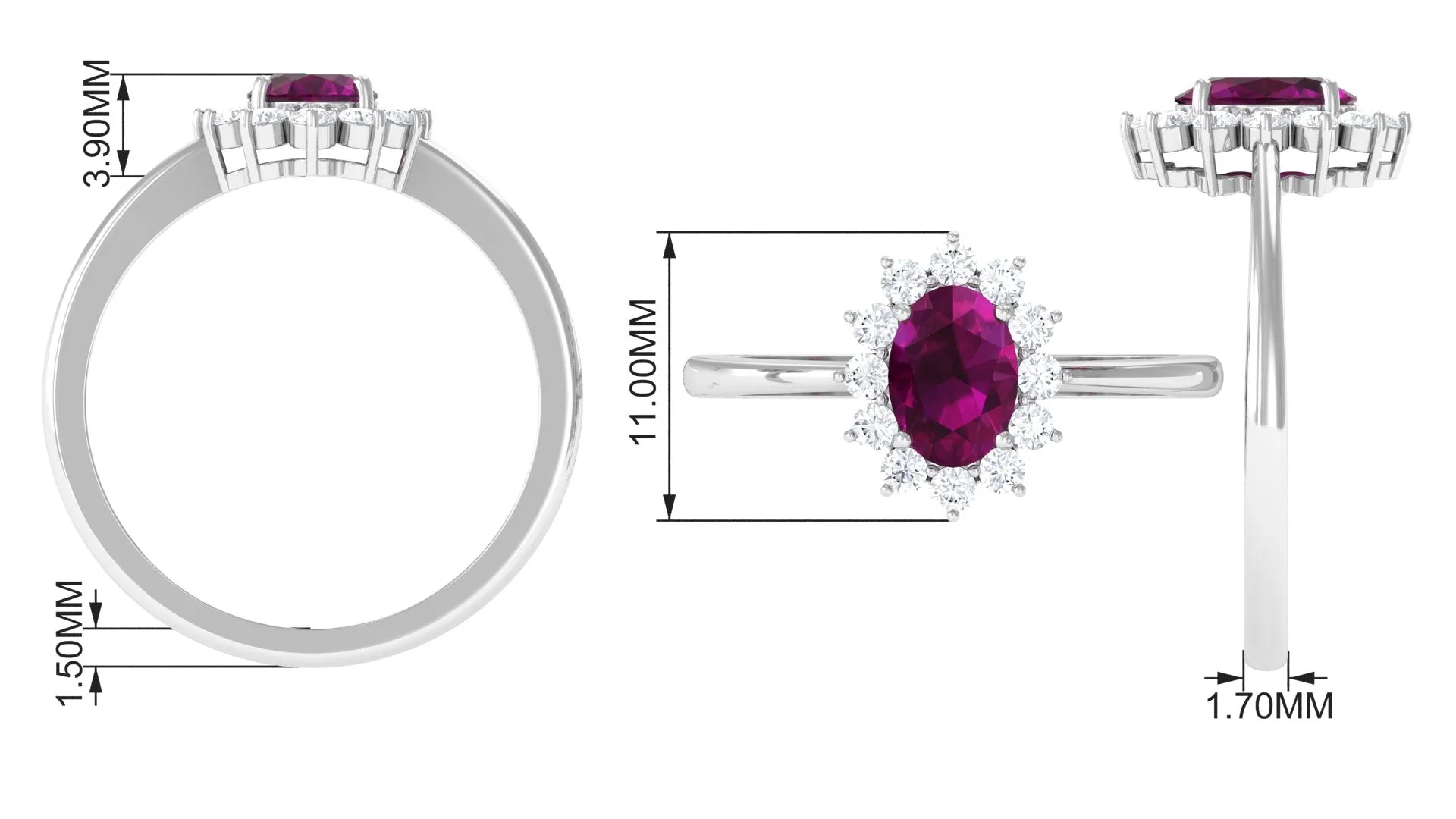 1.50 CT Princess Diana Inspired Oval Shape Rhodolite Engagement Ring Diamond Halo