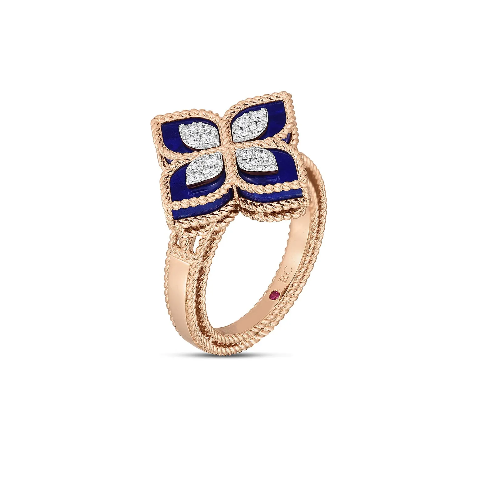 18K Rose/White Gold Venetian Princess Blue Lapis & Diamond Flower Ring