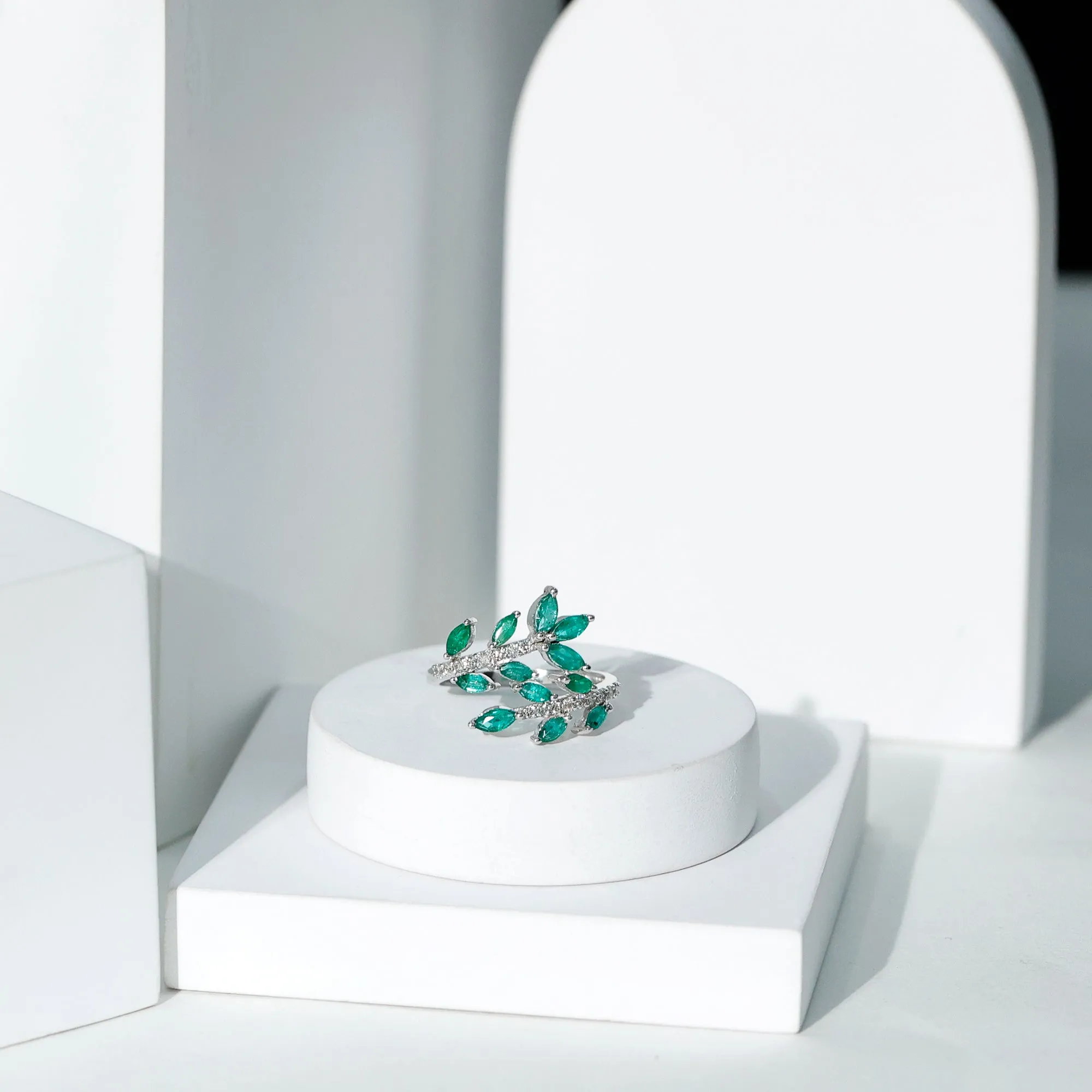 2.25 CT Marquise Emerald Leaf Wrap Ring with Diamond in Prong Setting