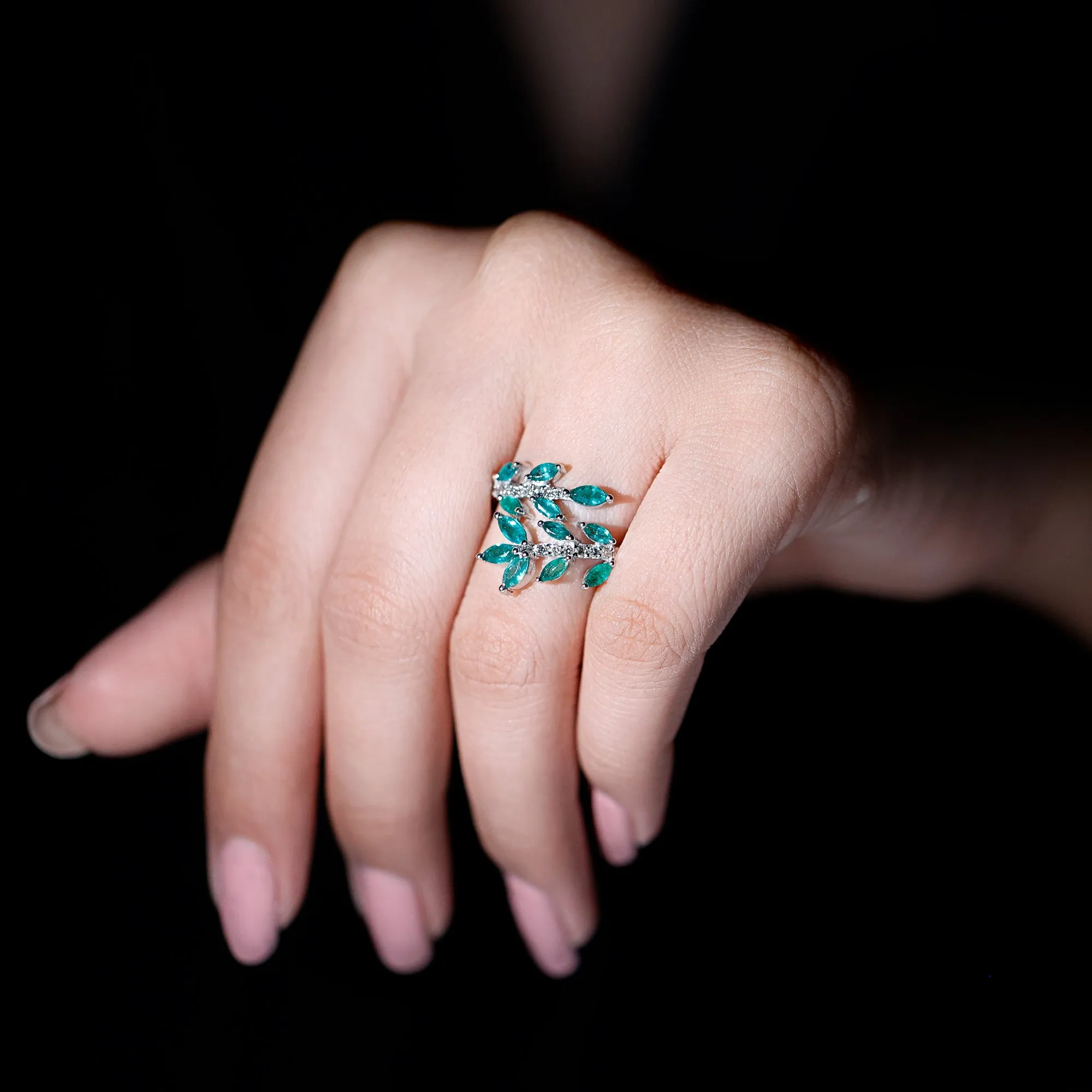 2.25 CT Marquise Emerald Leaf Wrap Ring with Diamond in Prong Setting