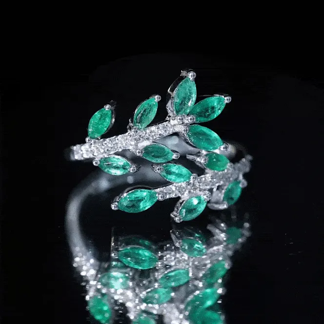 2.25 CT Marquise Emerald Leaf Wrap Ring with Diamond in Prong Setting