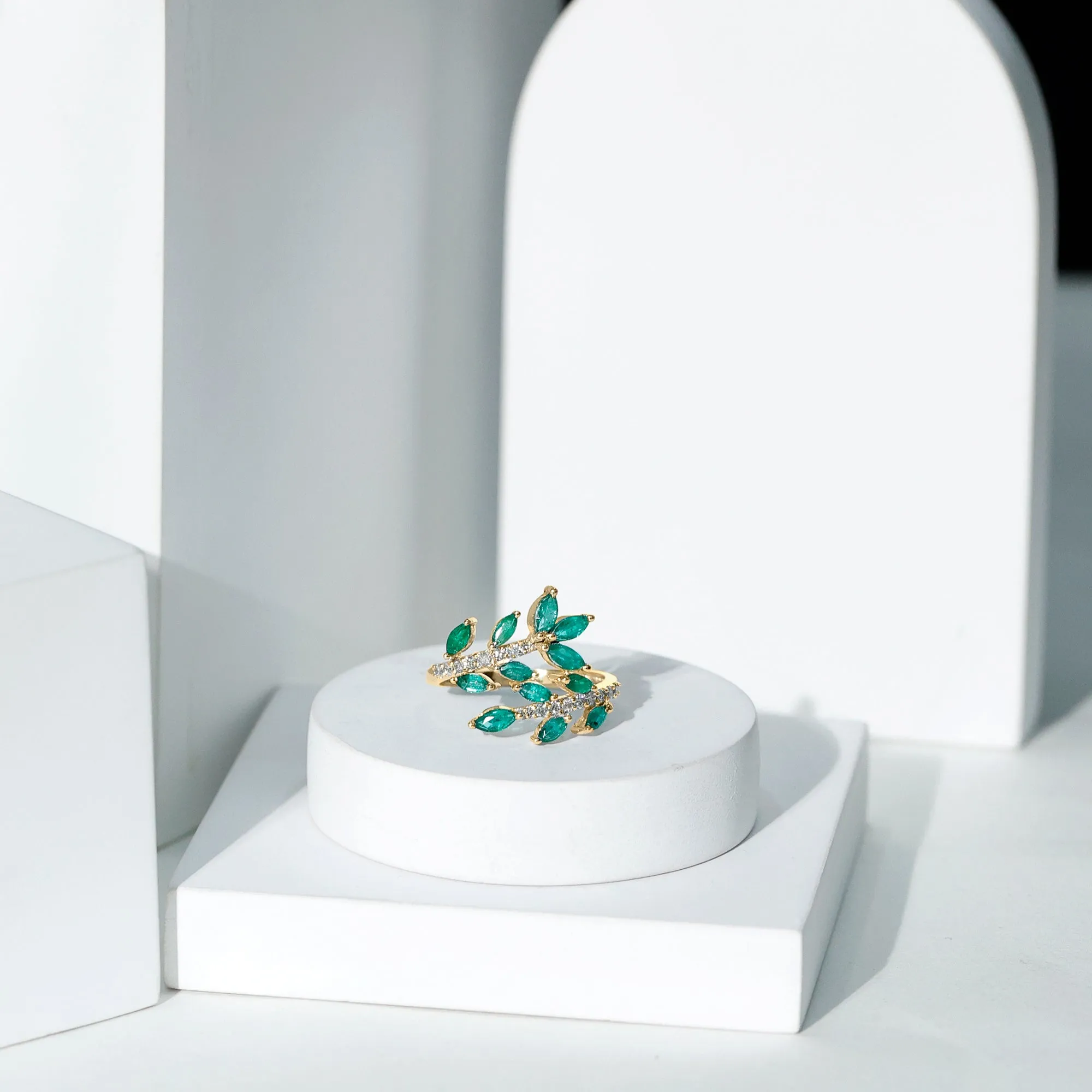 2.25 CT Marquise Emerald Leaf Wrap Ring with Diamond in Prong Setting