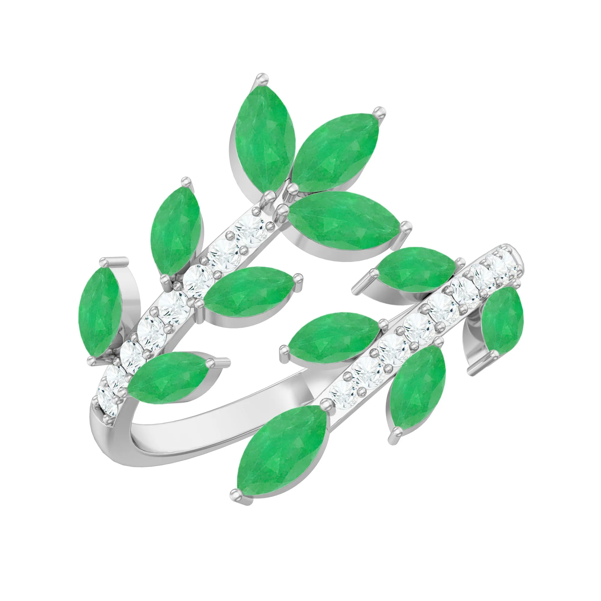 2.25 CT Marquise Emerald Leaf Wrap Ring with Diamond in Prong Setting