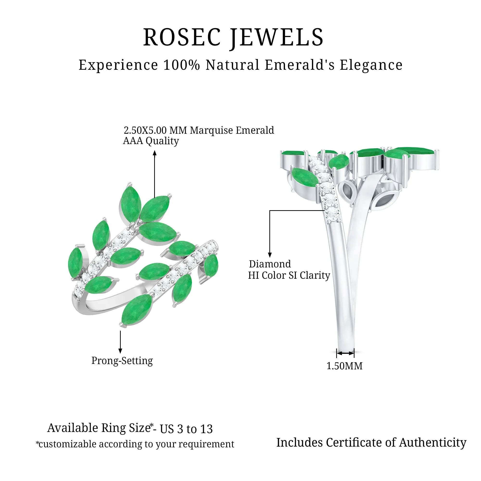 2.25 CT Marquise Emerald Leaf Wrap Ring with Diamond in Prong Setting