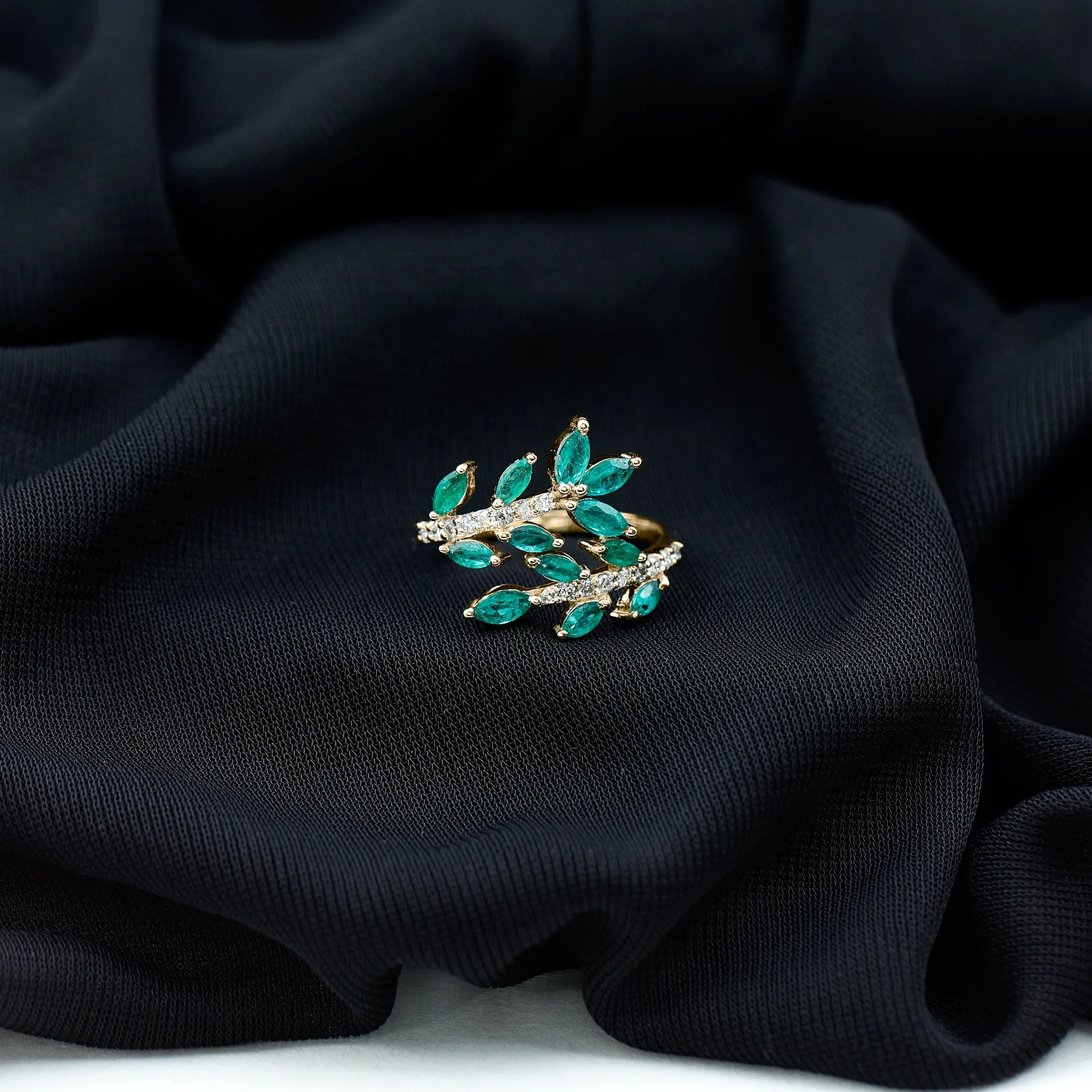 2.25 CT Marquise Emerald Leaf Wrap Ring with Diamond in Prong Setting