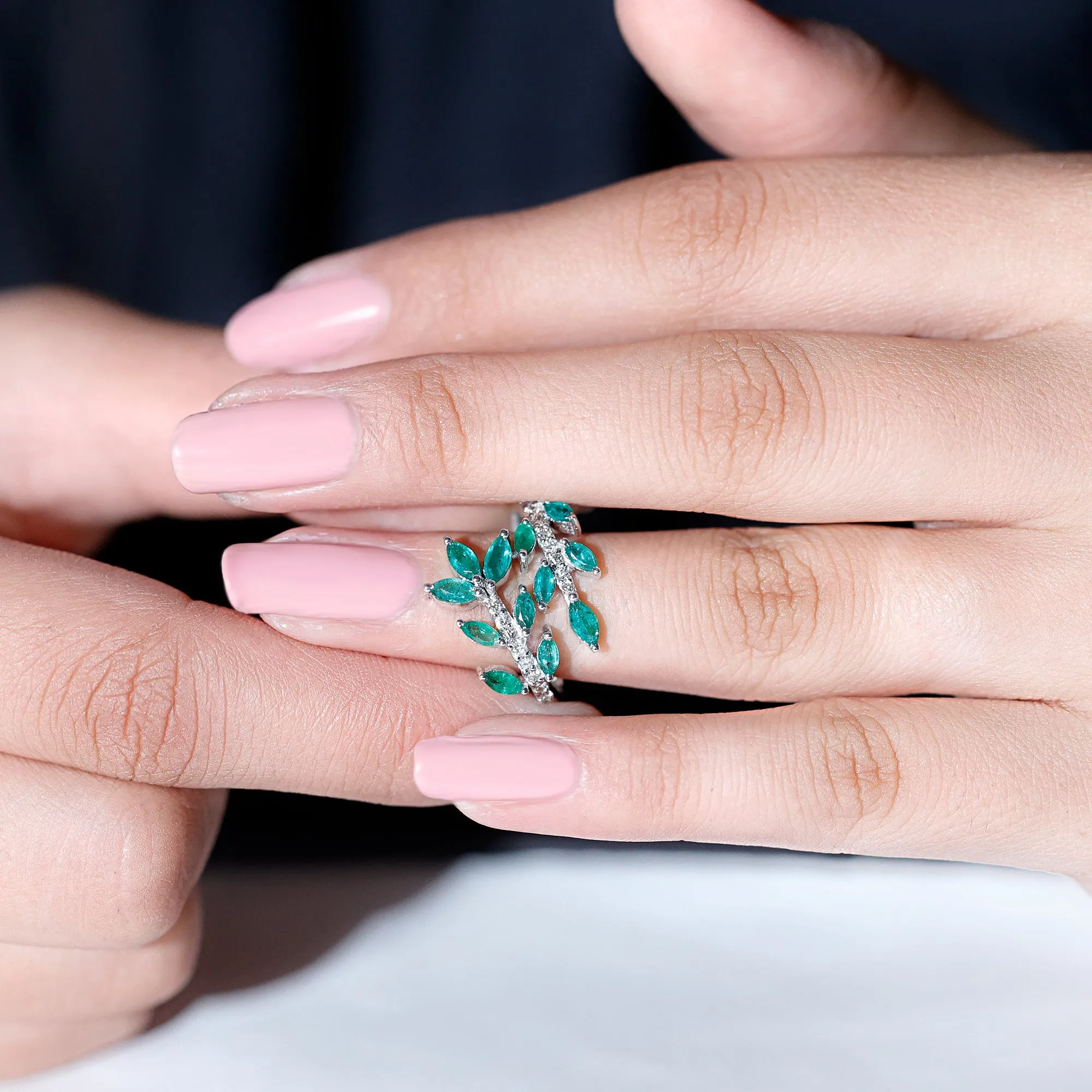 2.25 CT Marquise Emerald Leaf Wrap Ring with Diamond in Prong Setting
