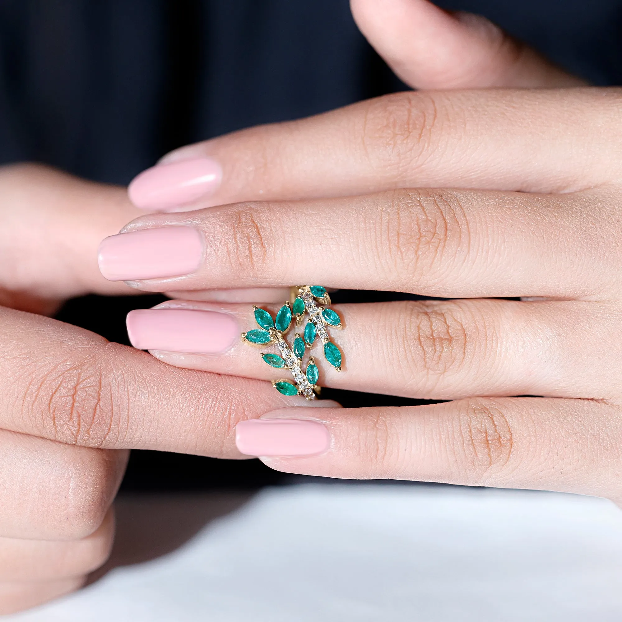 2.25 CT Marquise Emerald Leaf Wrap Ring with Diamond in Prong Setting