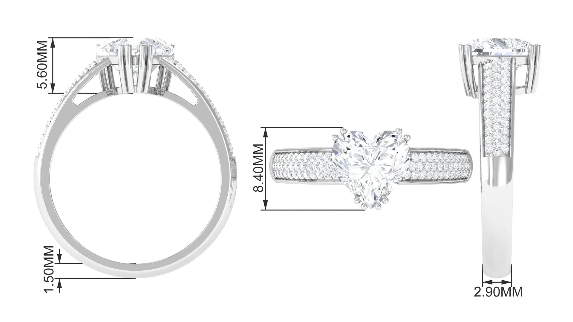 2.5 CT Double Prong Set Moissanite Solitaire Ring with Pave Set Side Stones